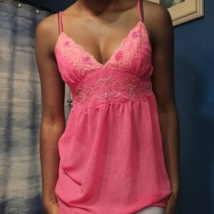 Vintage Y2K Sheer Pink Beaded Babydoll Top